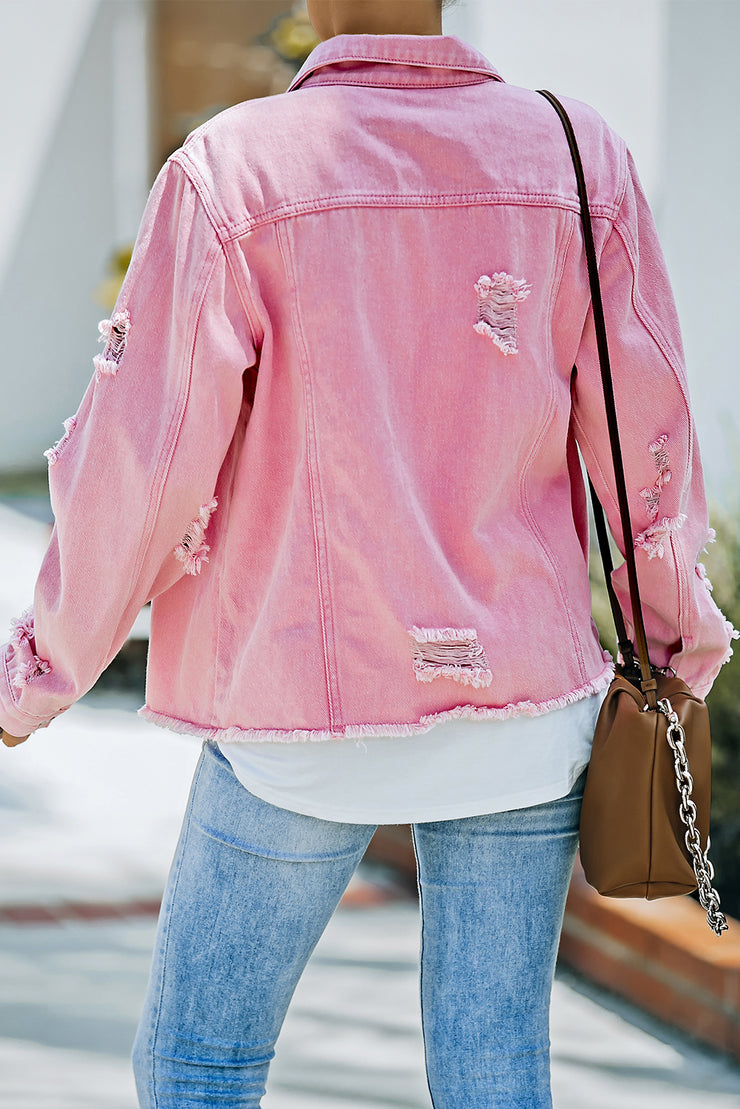 Distressed Raw Hem Denim Jacket - Ruby's Fashion