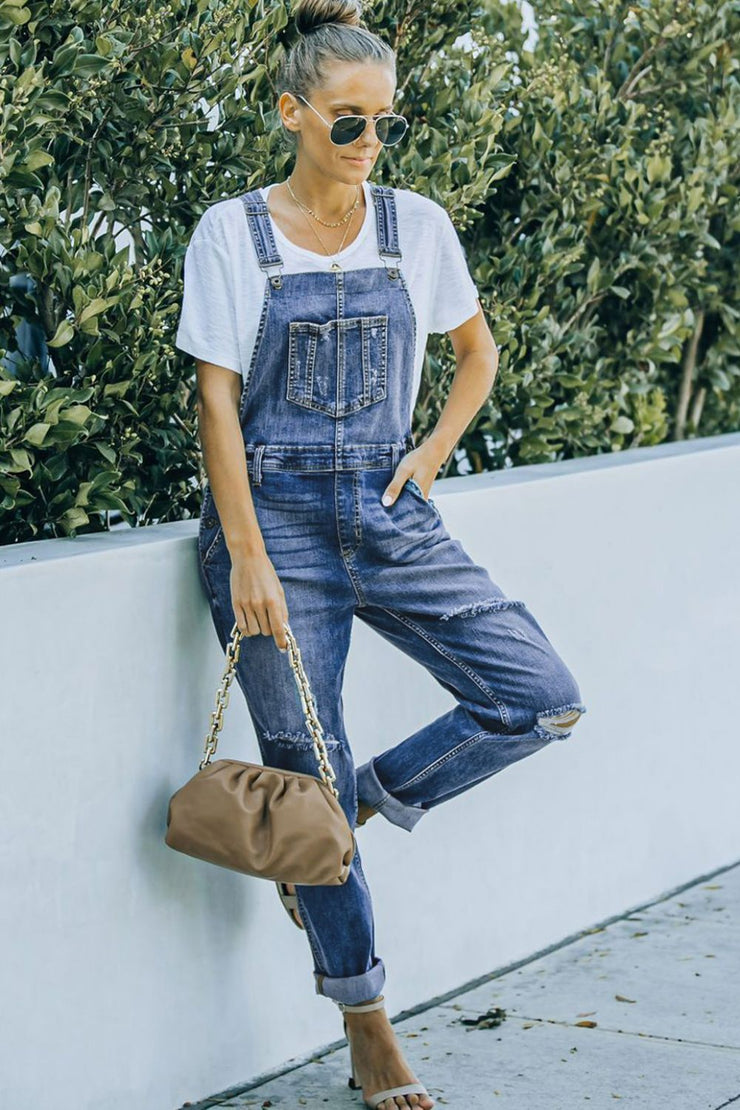 Pocketed Distressed Denim Overalls - Ruby's Fashion