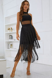 Spliced Mesh Fringe Hem Sleeveless Dress