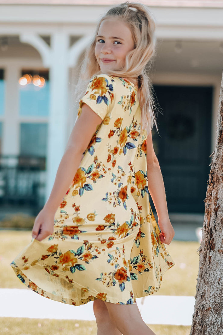 Girls Floral Round Neck Short Sleeve Dress with Pockets - Ruby's Fashion