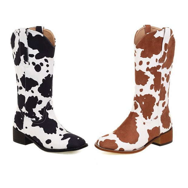 Women's Vintage Cow Print Block Heel Plus Size Rider Boots - Ruby's Fashion