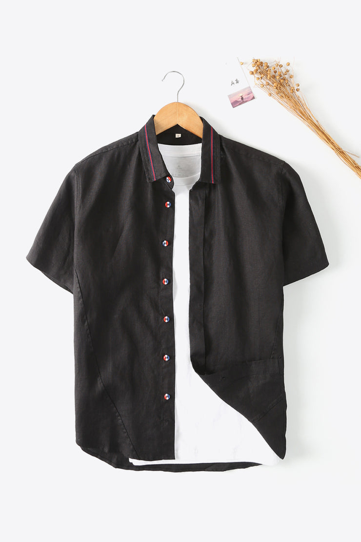 Buttoned Collared Neck Short Sleeve Linen Shirt