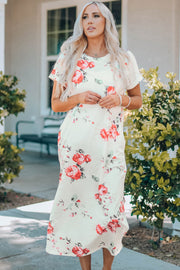 Floral Side Slit Cuffed Sleeve Midi Dress - Ruby's Fashion