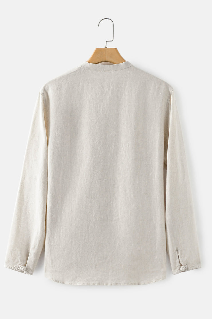 Buttoned Round Neck Long Sleeve Linen Shirt