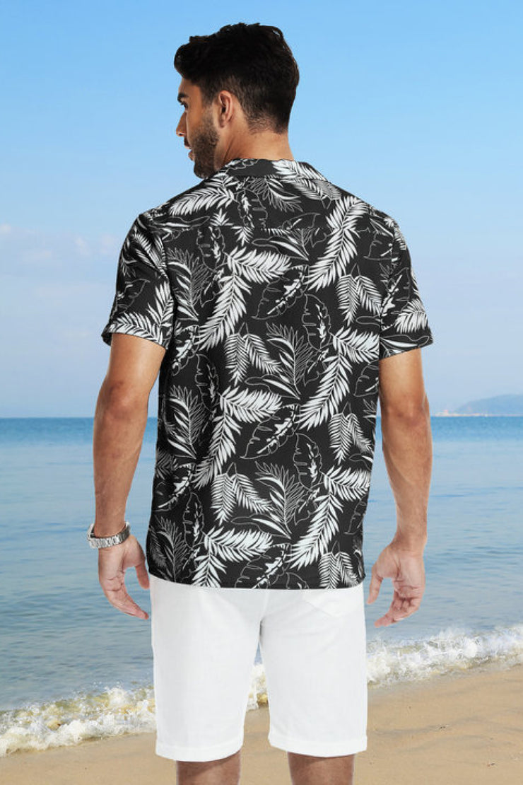 Botanical Print Lapel Collar Short Sleeve Shirt