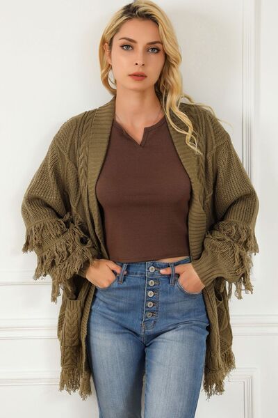 Cable-Knit Fringe Pocketed Cardigan