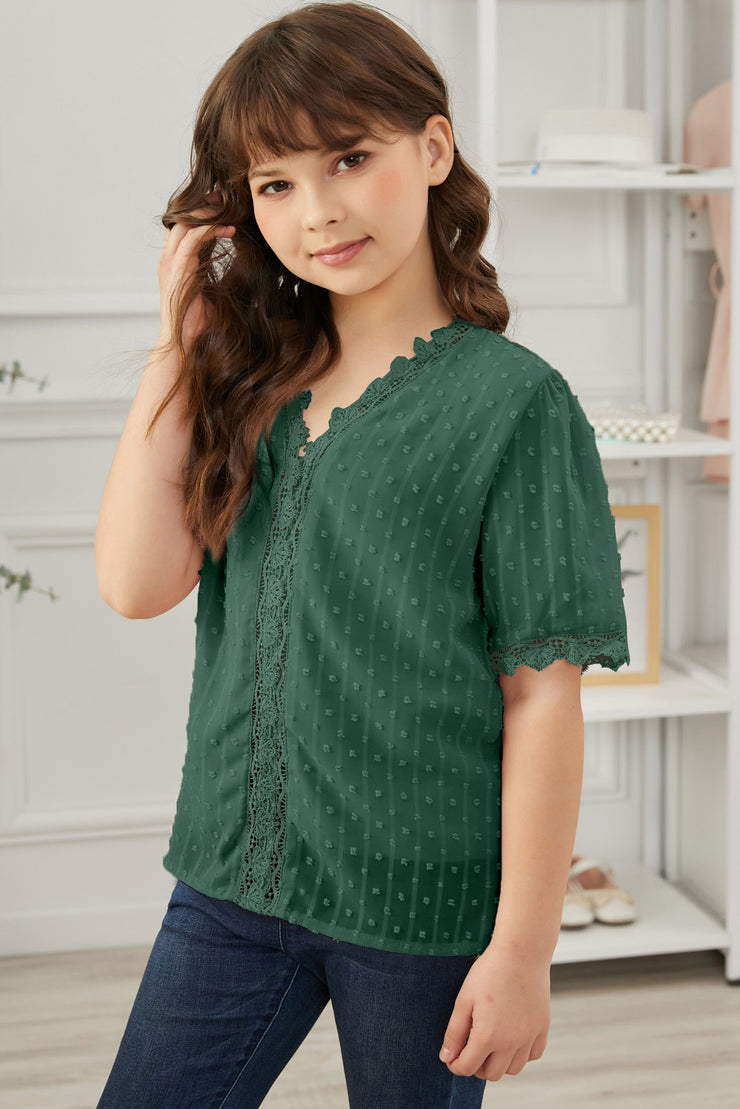 Girls Swiss Dot Spliced Lace Blouse - Ruby's Fashion