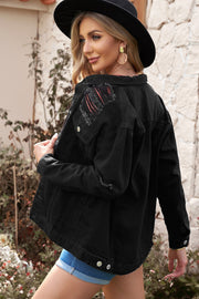 Distressed Button-Up Denim Jacket with Pockets - Ruby's Fashion