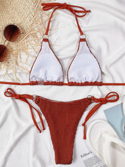 Textured Halter Neck Tie Side Bikini Set - Ruby's Fashion