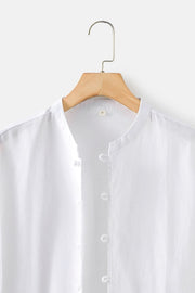 Buttoned Round Neck Long Sleeve Linen Shirt