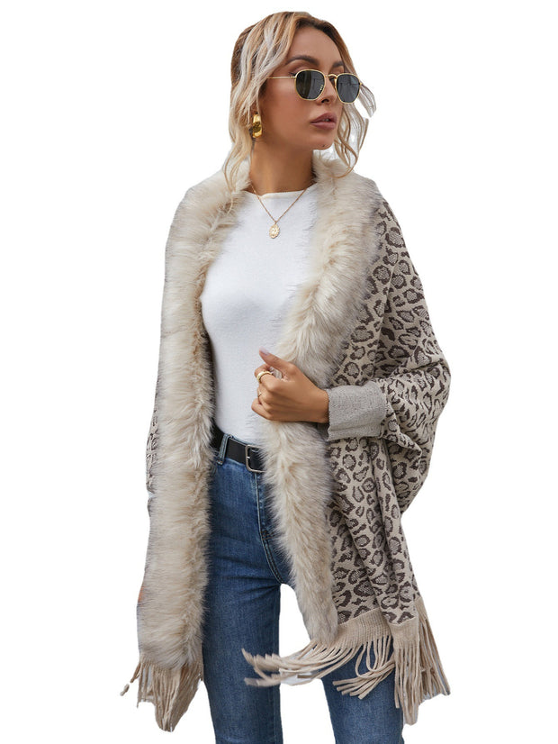 Leopard Sweater Fur Collar Cardigan Shawl Knitted Jacket - Ruby's Fashion