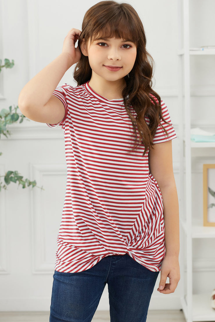 Girls Striped Round Neck Twisted Tee Shirt - Ruby's Fashion