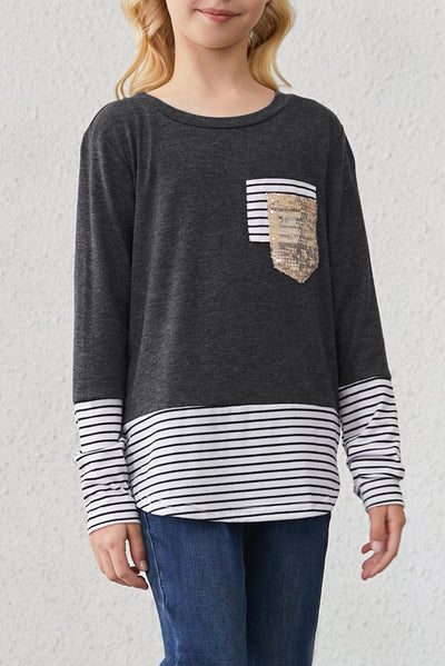 Girls Striped Color Block Sequin Pocket Top - Ruby's Fashion