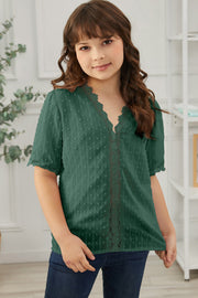 Girls Swiss Dot Spliced Lace Blouse - Ruby's Fashion