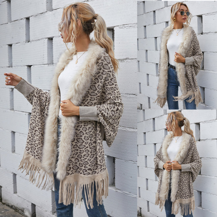 Leopard Sweater Fur Collar Cardigan Shawl Knitted Jacket - Ruby's Fashion