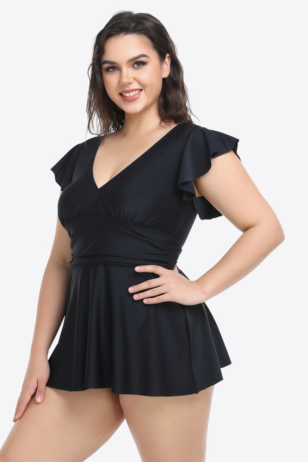 Plus Size Ruffled Plunge Swim Dress and Bottoms Set - Ruby's Fashion