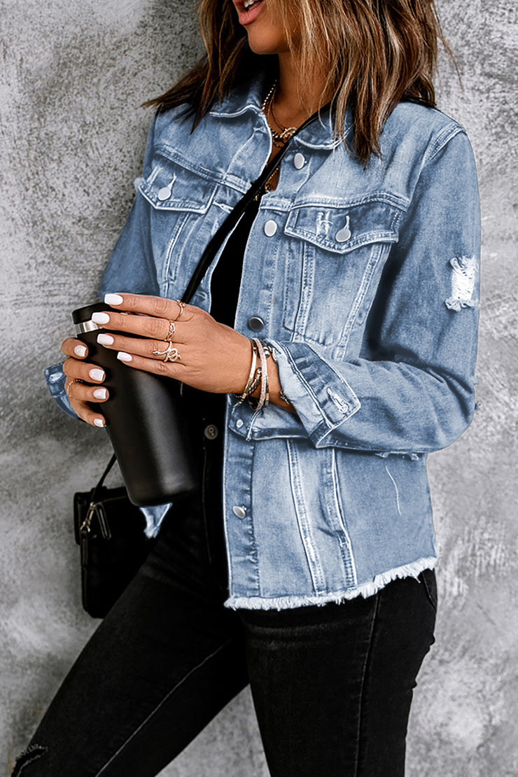 Distressed Raw Hem Denim Jacket - Ruby's Fashion