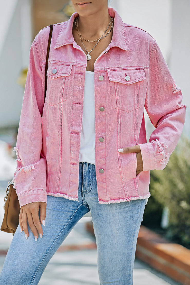 Distressed Raw Hem Denim Jacket - Ruby's Fashion