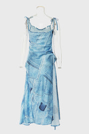 Tie-Shoulder Split Patchwork Denim Dress - Ruby's Fashion