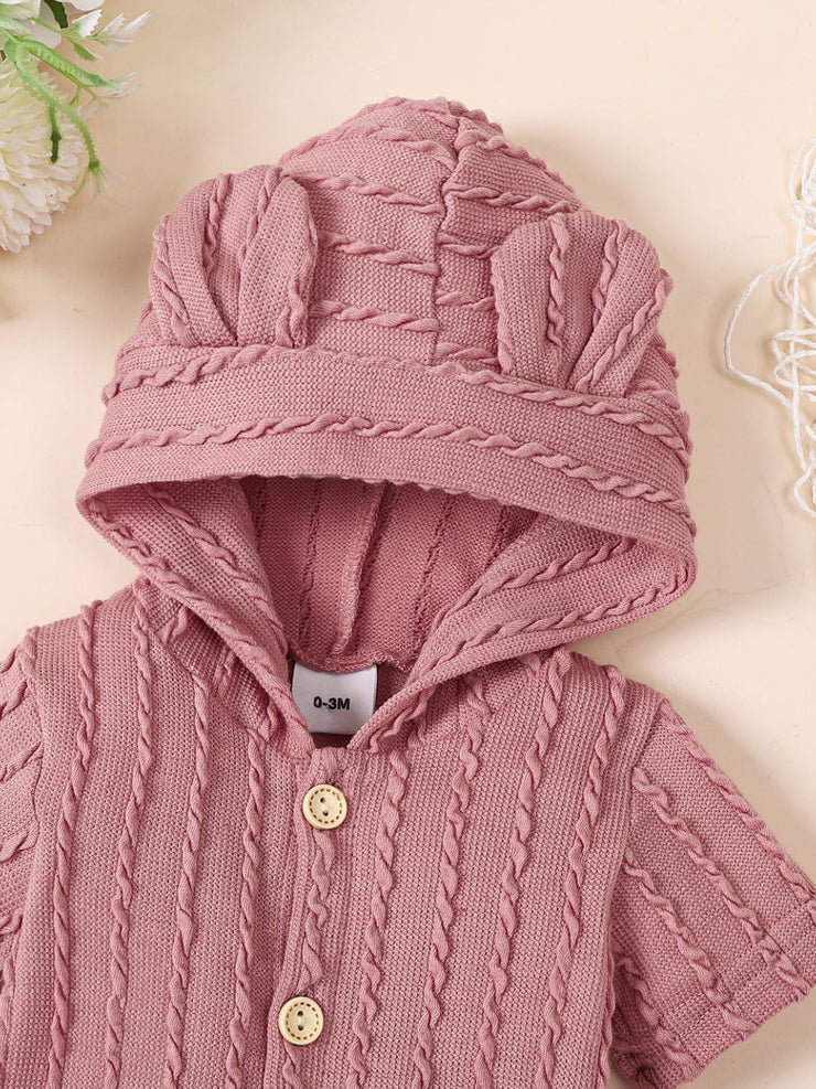 Baby Textured Button Front Hooded Jumpsuit with Ears - Ruby's Fashion