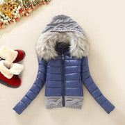 Wool stitching cotton coat fur collar hooded slim cotton short coat - Ruby's Fashion