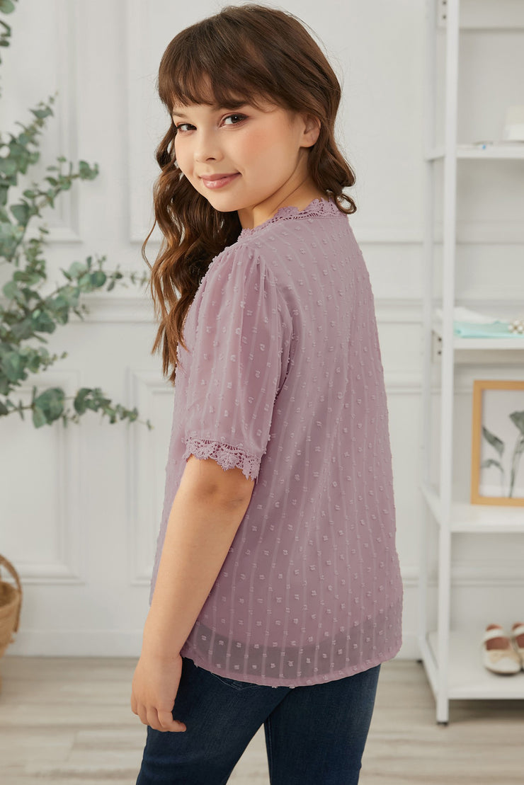 Girls Swiss Dot Spliced Lace Blouse - Ruby's Fashion