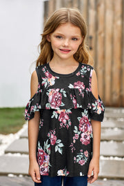 Girls Floral Cold-Shoulder Ruffled Top - Ruby's Fashion