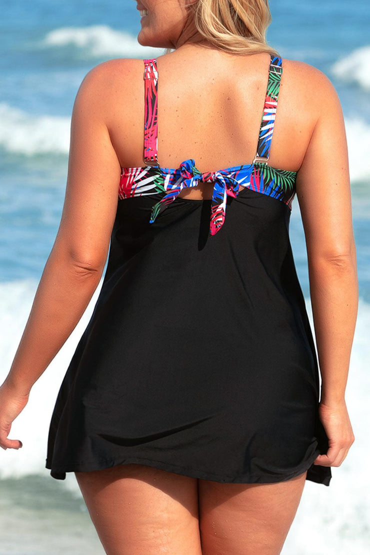 Plus Size Botanical Print Two-Tone Two-Piece Swimsuit - Ruby's Fashion