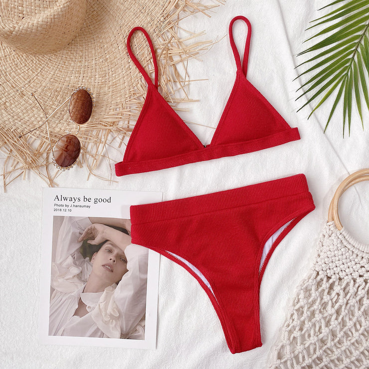 Spaghetti Strap Ribbed Bikini Set - Ruby's Fashion