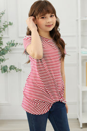 Girls Striped Round Neck Twisted Tee Shirt - Ruby's Fashion