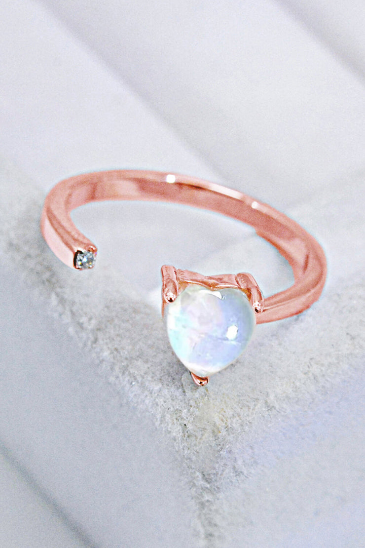 Inlaid Moonstone Heart Adjustable Open Ring - Ruby's Fashion