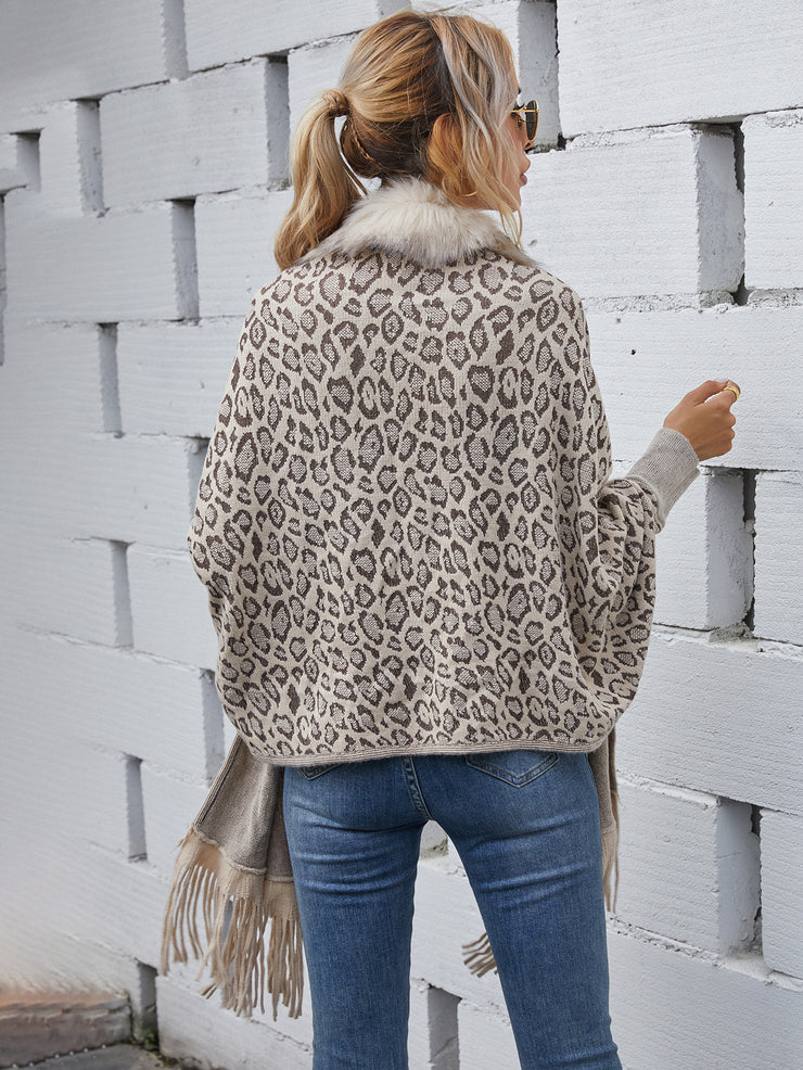 Leopard Sweater Fur Collar Cardigan Shawl Knitted Jacket - Ruby's Fashion