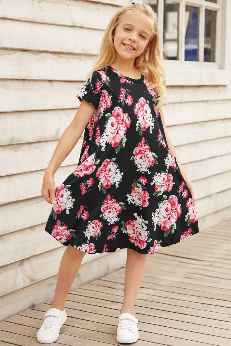 Girls Floral Round Neck Short Sleeve Dress with Pockets - Ruby's Fashion