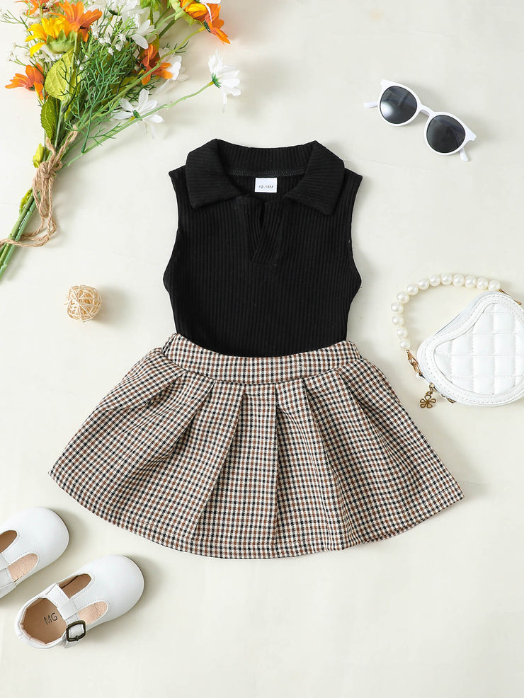 Girls Ribbed Sleeveless Top and Plaid Skirt Set - Ruby's Fashion