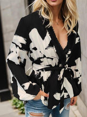 Printed Tie Front Lace Detail Cardigan