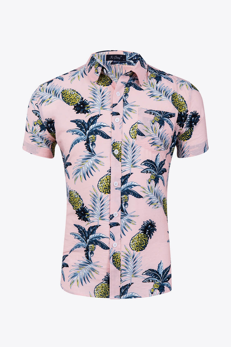 Tropical Pattern Button-Up Collared Beach Shirt