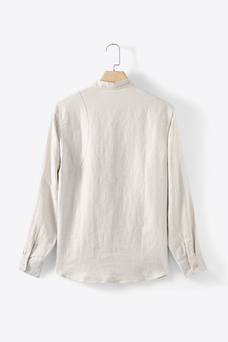 Buttoned Round Neck Long Sleeve Linen Shirt