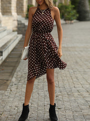 Polka Dot Tie-Waist Ruffled Sleeveless Dress - Ruby's Fashion