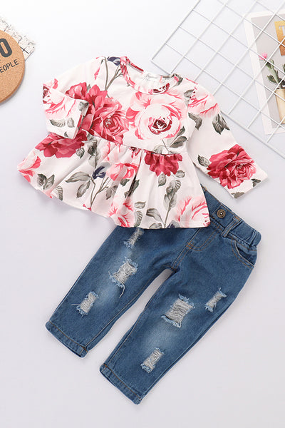 Girls Floral Babydoll Top and Jeans Set - Ruby's Fashion