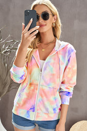 Tie-Dye Drawstring Detail Zip Up Hooded Jacket