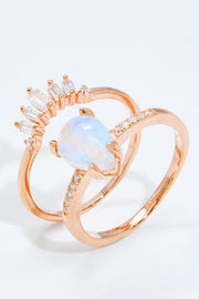 Natural Moonstone and Zircon 18K Rose Gold-Plated Two-Piece Ring Set - Ruby's Fashion