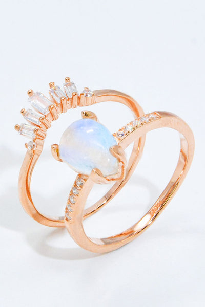 Natural Moonstone and Zircon 18K Rose Gold-Plated Two-Piece Ring Set - Ruby's Fashion