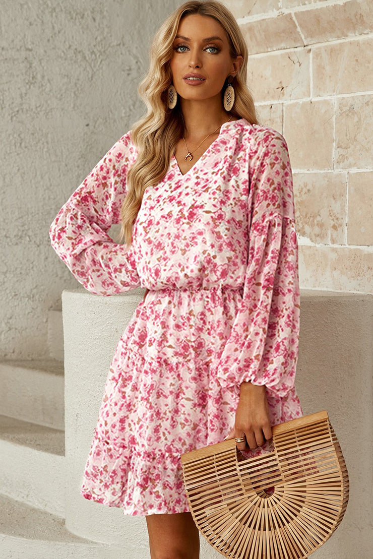 Floral Frill Trim Puff Sleeve Notched Neck Dress