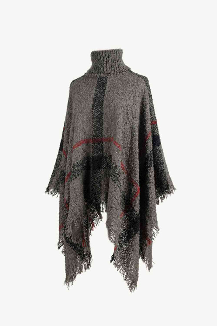 Plaid Turtleneck Raw Hem Poncho