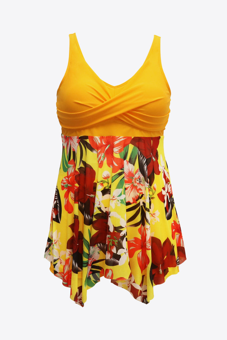 Plus Size Floral Two-Tone Asymmetrical Hem Two-Piece Swimsuit - Ruby's Fashion