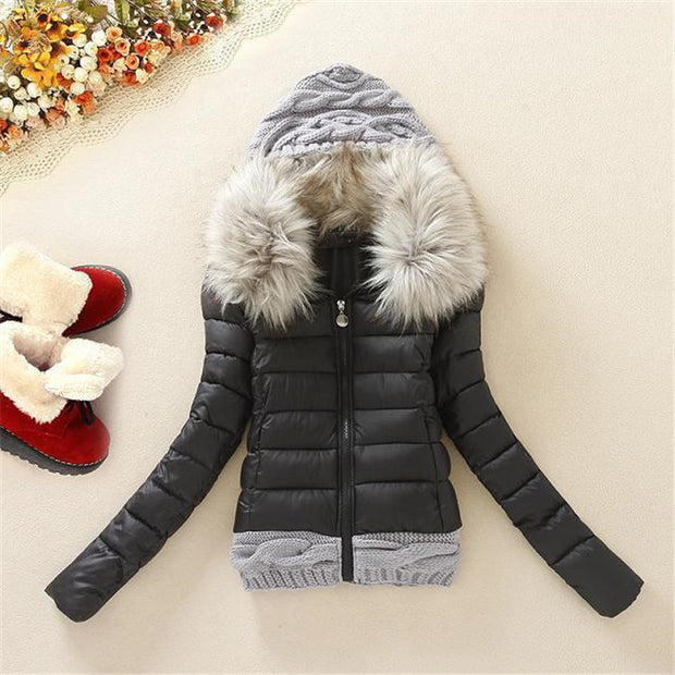 Wool stitching cotton coat fur collar hooded slim cotton short coat - Ruby's Fashion