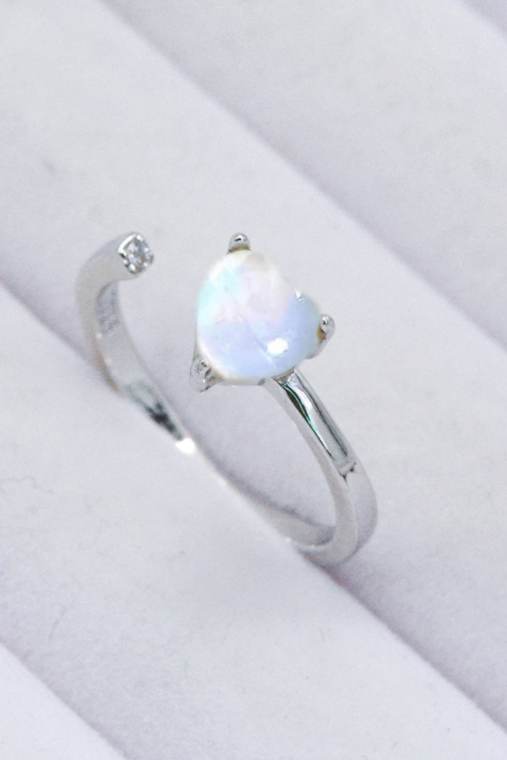 Inlaid Moonstone Heart Adjustable Open Ring - Ruby's Fashion