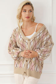 Button Up Geometric Dropped Shoulder Cardigan