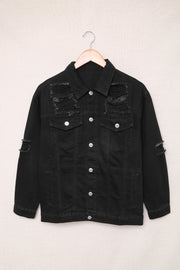 Distressed Button-Up Denim Jacket with Pockets - Ruby's Fashion