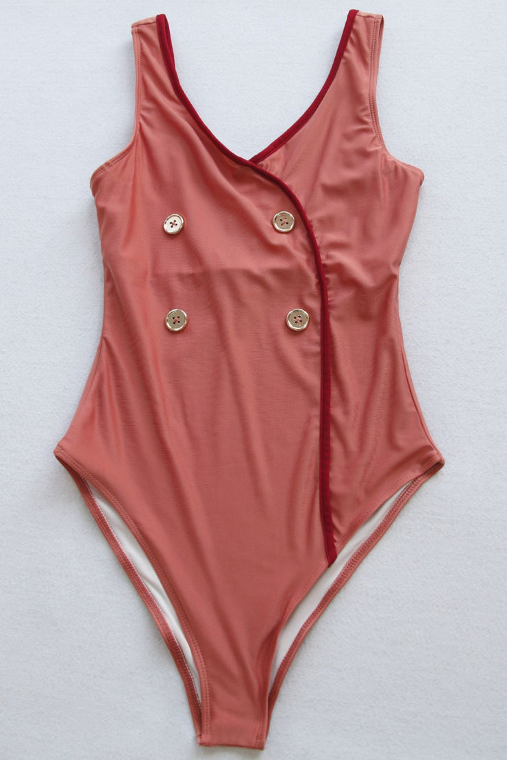 Contrast Decorative Button Low Back One-Piece Swimsuit - Ruby's Fashion